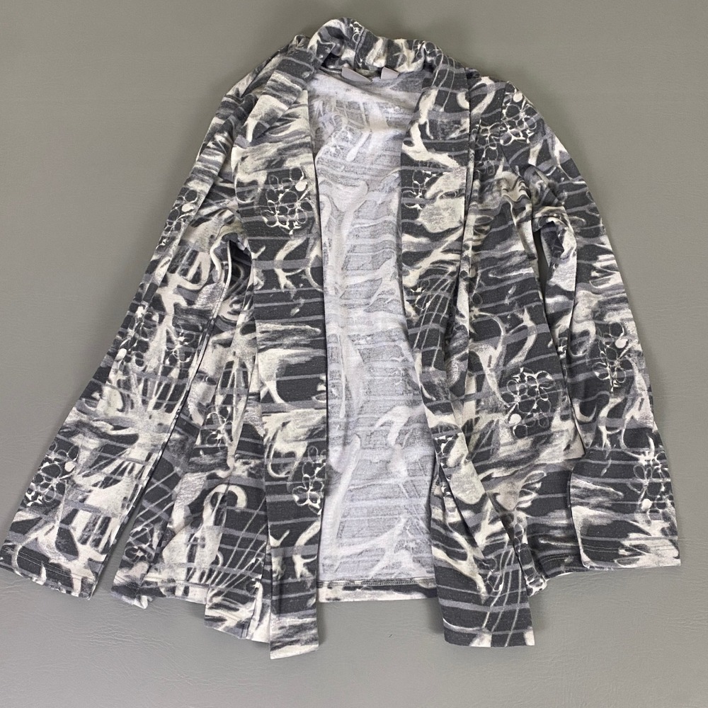 CHICO'S EASYWEAR Kimono Cardigan Women's Size 1 (US M) Gray White Abstract Print